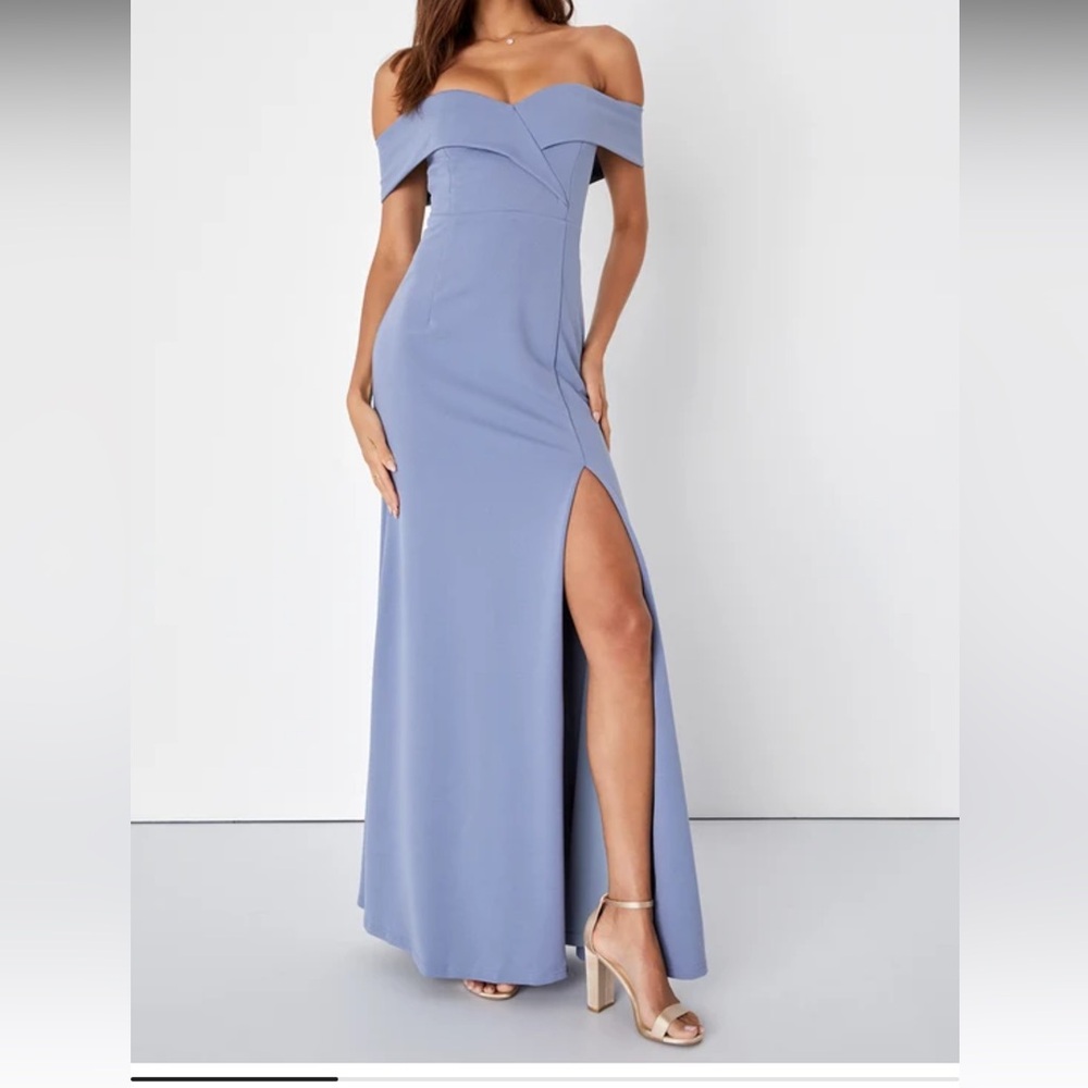 Lulus Song of Love Blue Grey Off-the-Shoulder Maxi Dress